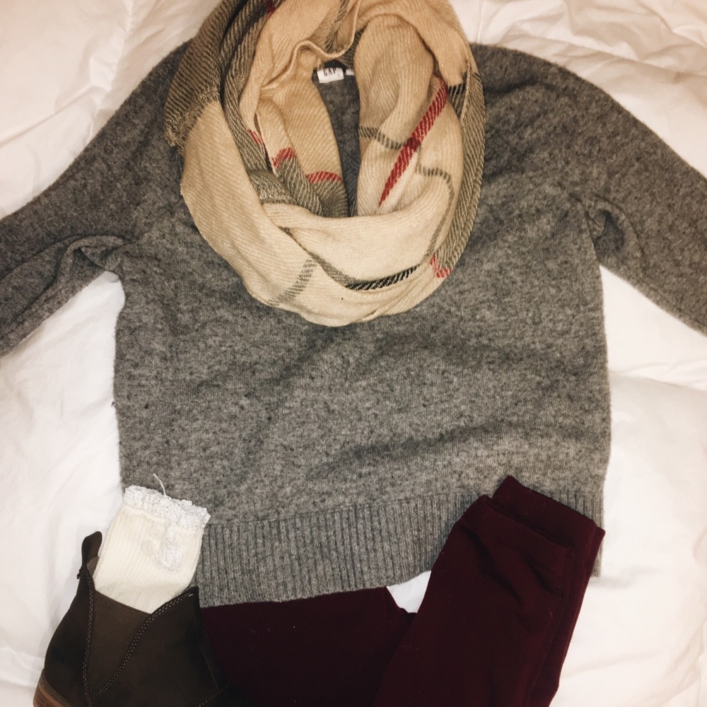 Plaid scarf! (burgundy, gray, tan, and brown)
